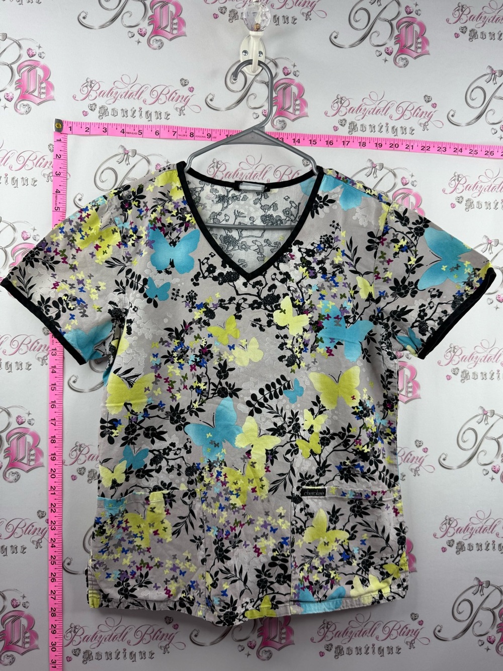 Cherokee scrubs top Gray V-Neck Scrub Top with Blue and Yellow Butterfly Print